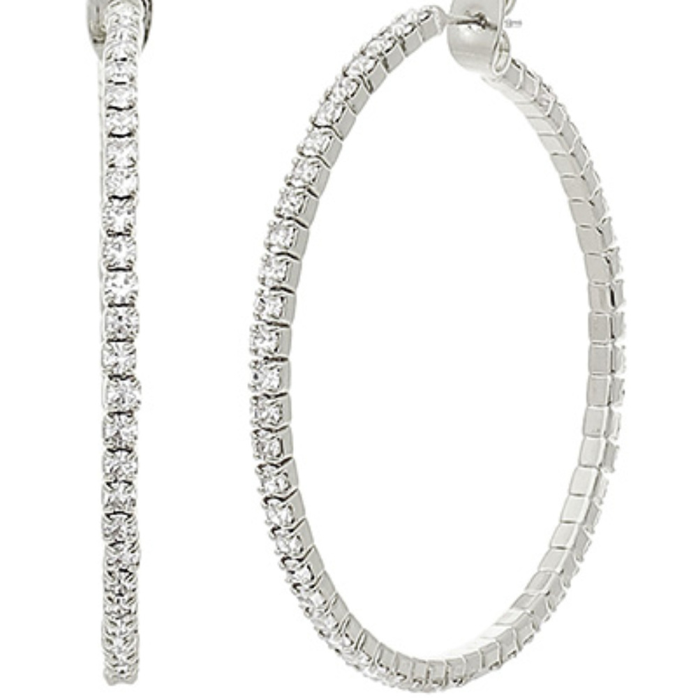 Silver Tone Dainty Thin Rhinestone Hoop Earrings